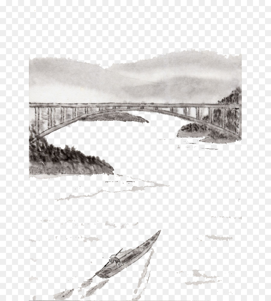 Tinta Mencuci Lukisan Shan Shui Ilustrasi Jembatan Sungai Yangtze