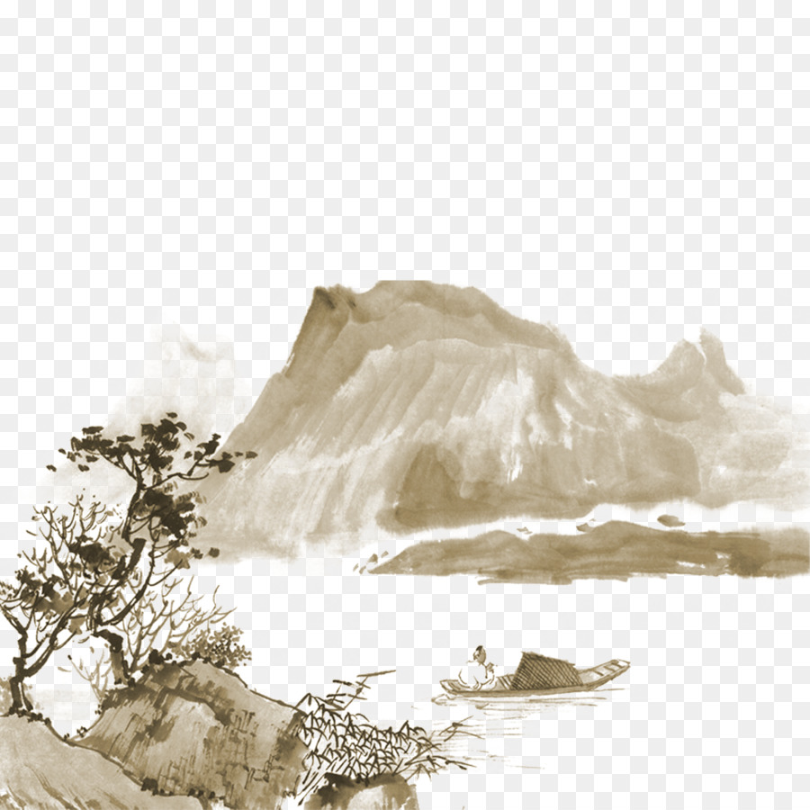 Cina Lukisan Pemandangan Tinta India Gambar Gunung Pohon Kapal
