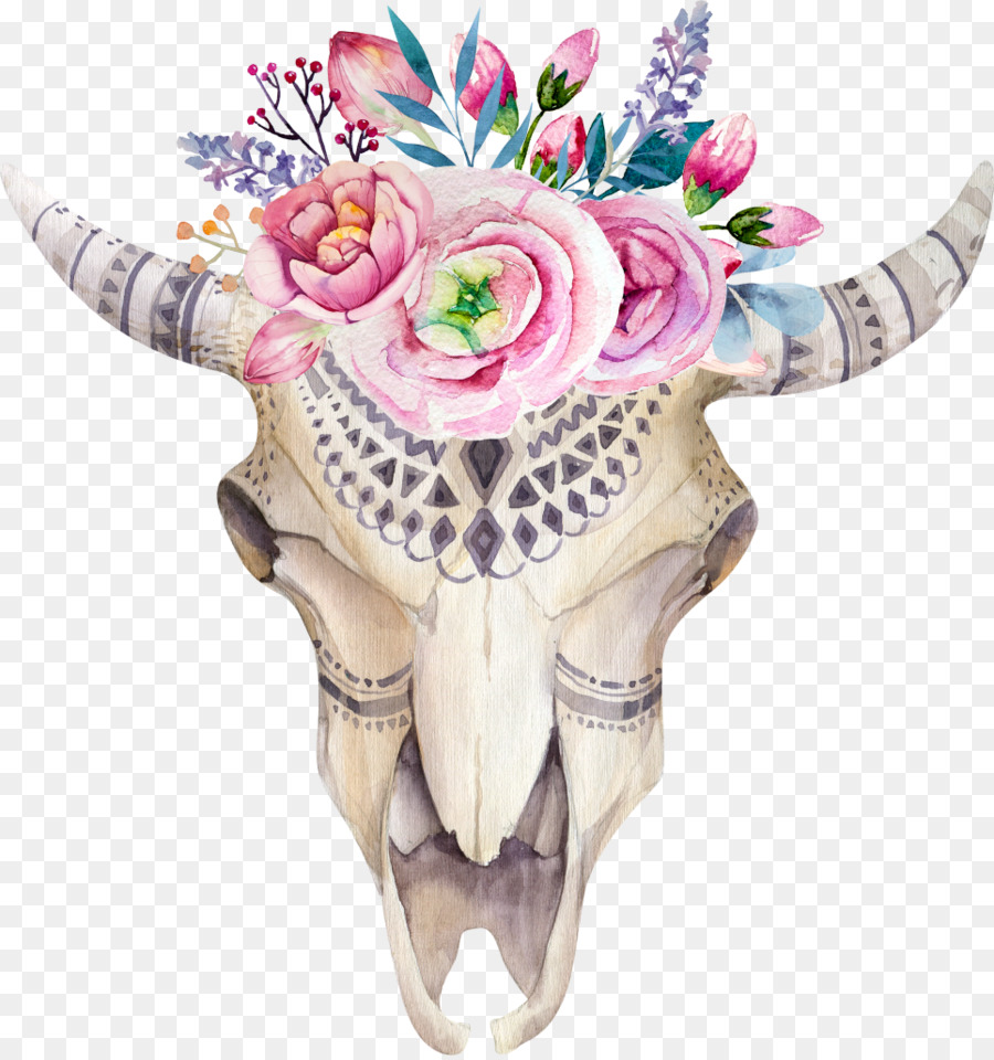 Texas Longhorn Flower Watercolor painting Floral design Skull - flower